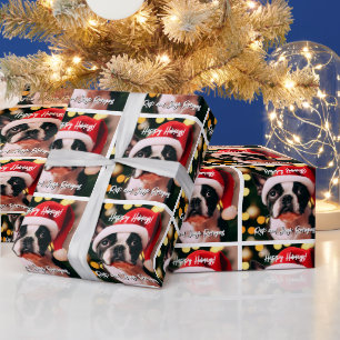 Papel De Presente Custa Boston Terrier Puppy com Santa Hat