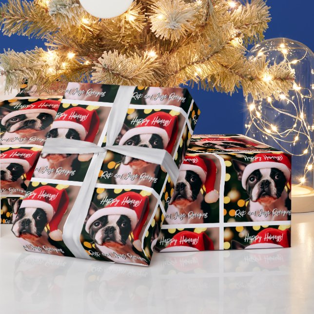 Papel De Presente Custa Boston Terrier Puppy com Santa Hat (Feriados)