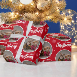 Papel De Presente Custom Deep Red Merry Christmas One Circle Photo