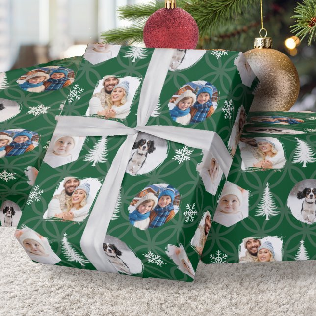Papel De Presente Custom Family Photo Collage Green Christmas (Custom multi-photo Christmas gift wrap, in green with geometric pattern, trees and snowflakes)