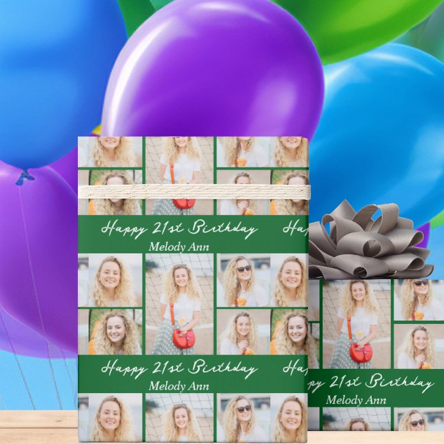 Papel De Presente Custom Green Happy Birthday Photo Collage (Criador carregado)