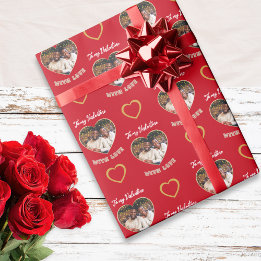 Papel De Presente Custom Photo Hearts Pattern Red Gold Valentine