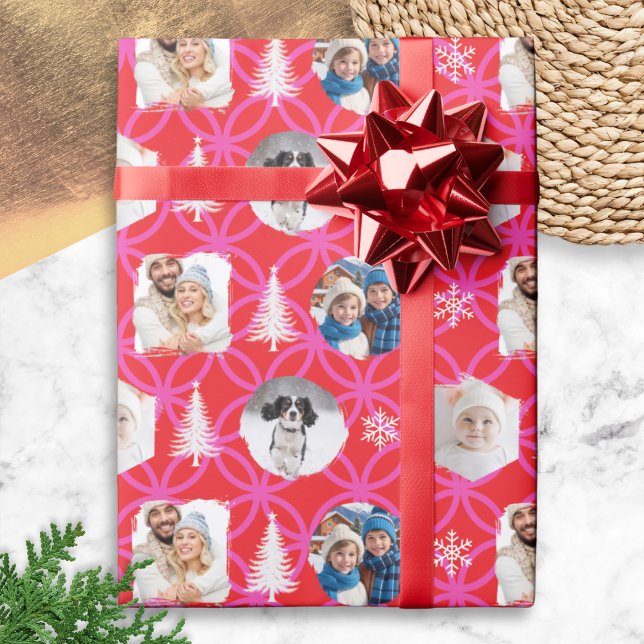 Papel De Presente Custom Photo Red Christmas Holiday (Red Christmas wrapping paper with pink geometric pattern, personalized with four of your own photos)