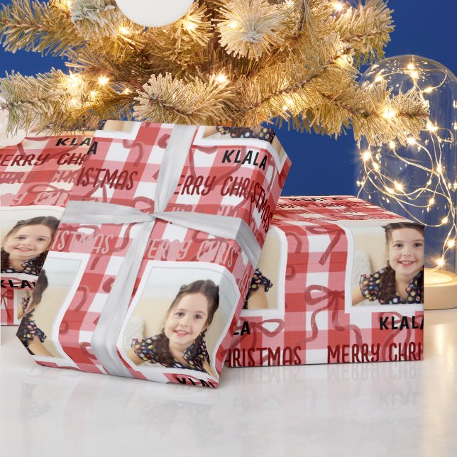 Papel De Presente Customizable Photo & Name Christmas Check Ribbon (Feriados)