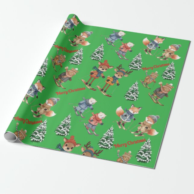 Papel De Presente Cute Animals Skiing Wrapping Paper (Desenrolado)