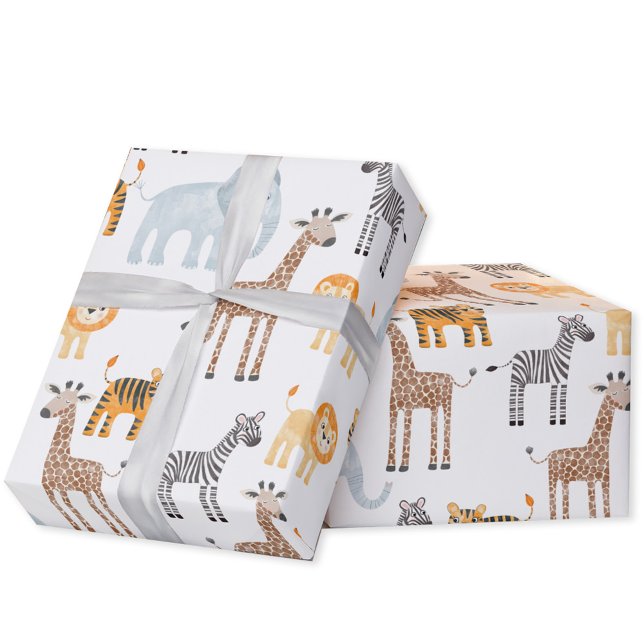Papel De Presente Cute Baby Safari Animal Watercolor Patterno (Cute watercolor Safari Animals baby lion, giraffe  & elephant gift wrapping paper roll)