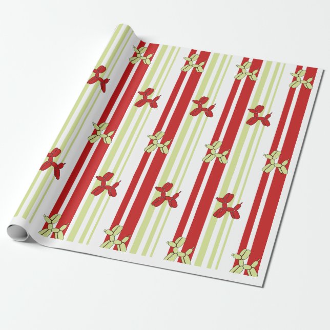 Papel De Presente Cute Balloon Dog Pattern Red Green Stripe Party  (Desenrolado)