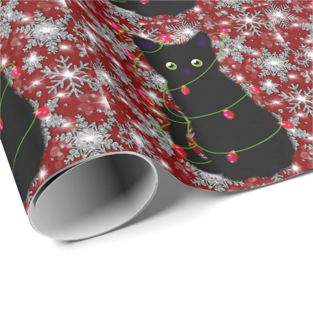 Papel De Presente Cute black cat Meowy Christmas sparkling snowflake (Ponta do rolo)