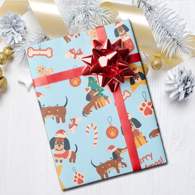 Papel De Presente Cute Blue Christmas Dachshund Merry Woofmas (Cute festive Dachshund wrapping paper in blue, perfect for Dachshund dog lovers and the pups too!)