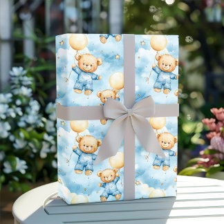 Papel De Presente Cute Blue Teddy Bear Baby Boy Shower