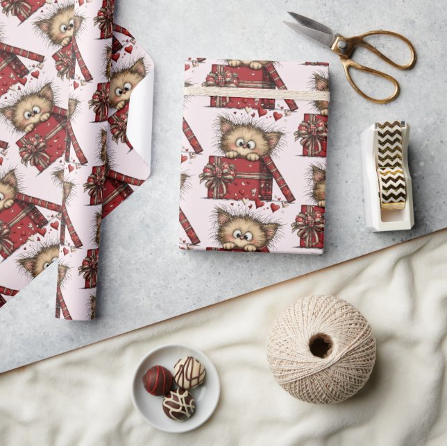 Papel De Presente Cute Cartoon Kitten in a Box with Hearts Pattern (Artesanato)