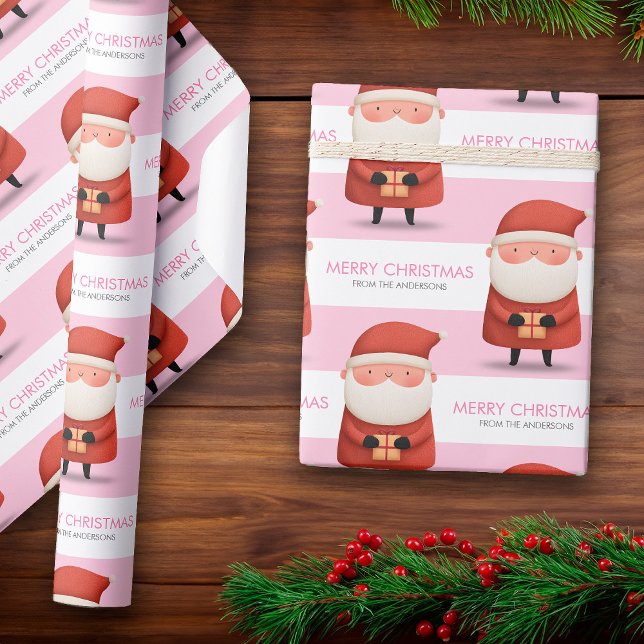 Papel De Presente Cute Cartoon Santa Merry Christmas Name Pink Gift (Cute Cartoon Santa Merry Christmas Name Pink Gift Wrapping Paper)
