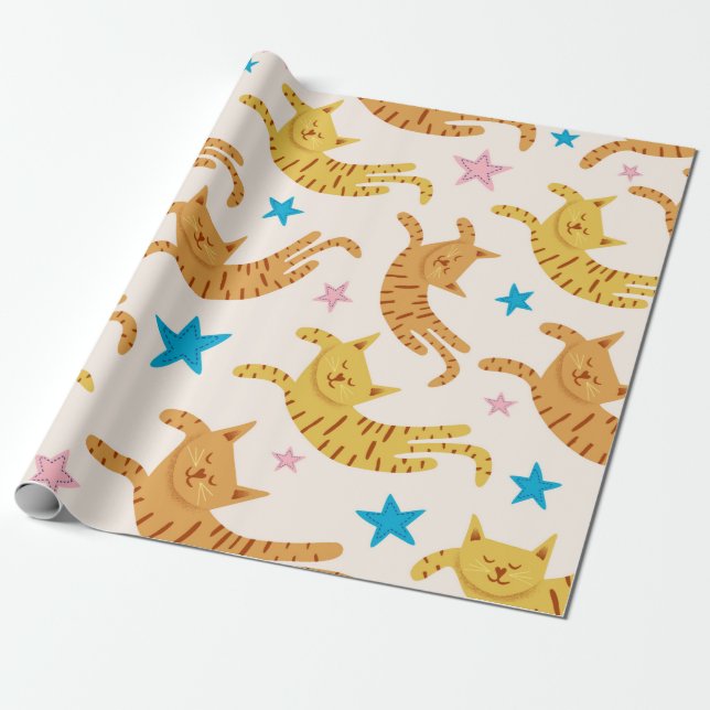 Papel De Presente Cute cats seamless pattern with stars funny drawin (Desenrolado)