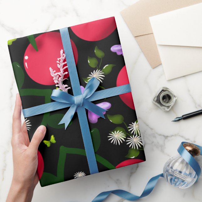 Papel De Presente Cute Cherry Butterfly Pattern, Glossy Kawaii Fruit (Presentear)