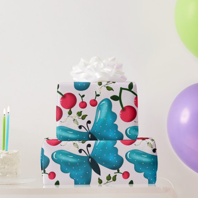 Papel De Presente Cute Cherry Butterfly Pattern, Glossy Kawaii Fruit (Presentes para festas)