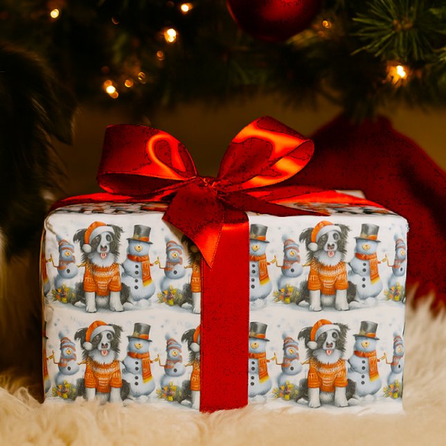 Papel De Presente Cute Christmas Border Collie Dog and Snowman  (Criador carregado)