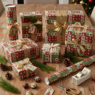 Papel De Presente Cute Christmas Patchwork Wrapping Paper