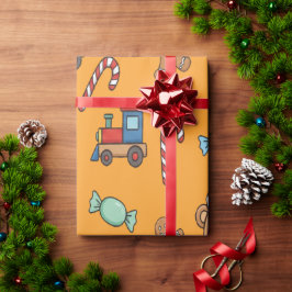Papel De Presente Cute Christmas Teddy Bear and Toy Train