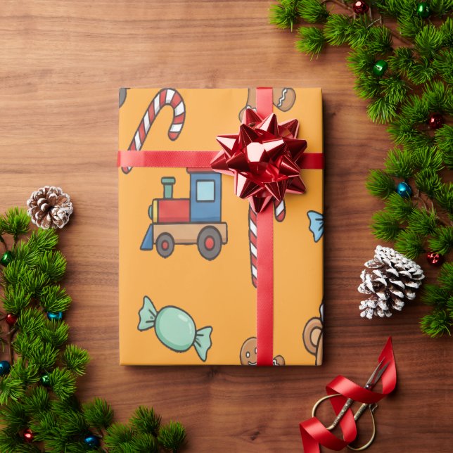 Papel De Presente Cute Christmas Teddy Bear and Toy Train (Presente de Natal)