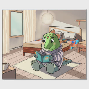 Papel De Presente Cute Chubby Cartoon Dinosaur Reading Book