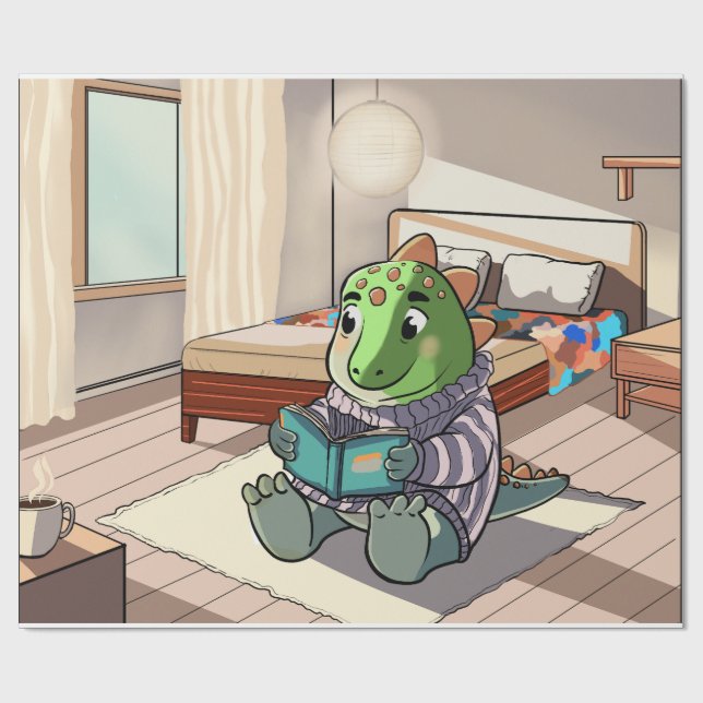 Papel De Presente Cute Chubby Cartoon Dinosaur Reading Book (Aberto)