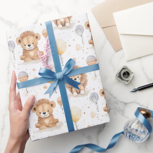 Papel De Presente Cute Circo Leões Balões Padrão Chá de Bebê (Presentear)