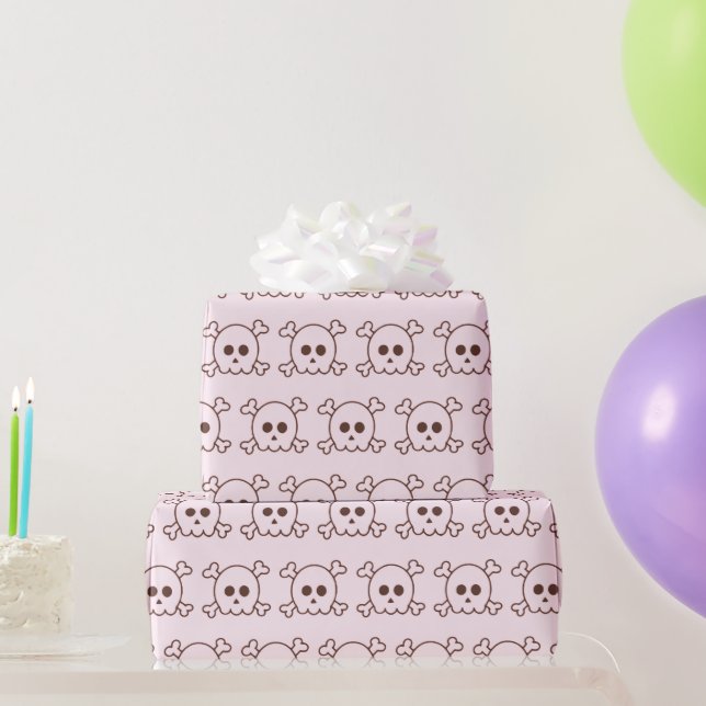 Papel De Presente Cute Crânios Pretos e Rosas no Halloween Rosa (Presentes para festas)