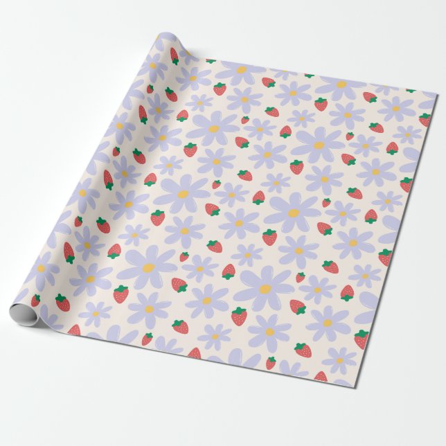 Papel De Presente Cute Daisy and Strawberry Pattern (Desenrolado)