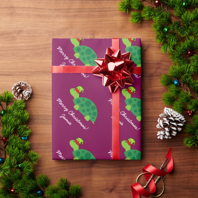 Papel De Presente Cute Elf turtle Merry Christmas wrapping paper (Presente de Natal)