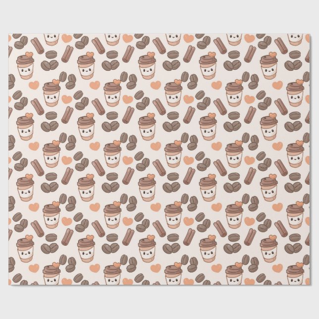 Papel De Presente Cute Fall Coffee Beans & Cups Pattern (Aberto)
