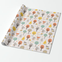 Papel De Presente Cute Fall Forest animals with kites and trees