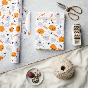 Papel De Presente Cute Fantasma e Abóbora Halloween