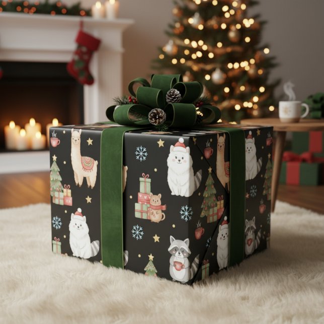 Papel De Presente Cute Festive Woodland Animals & Llama Christmas (Wrap your gifts in cozy, adorable cheer.)