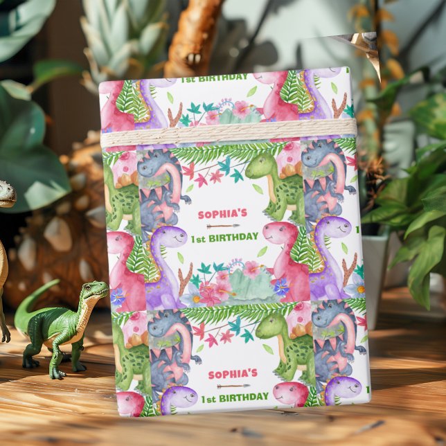 Papel De Presente Cute Girl Dinosaur 1st Birthday Party (Criador carregado)