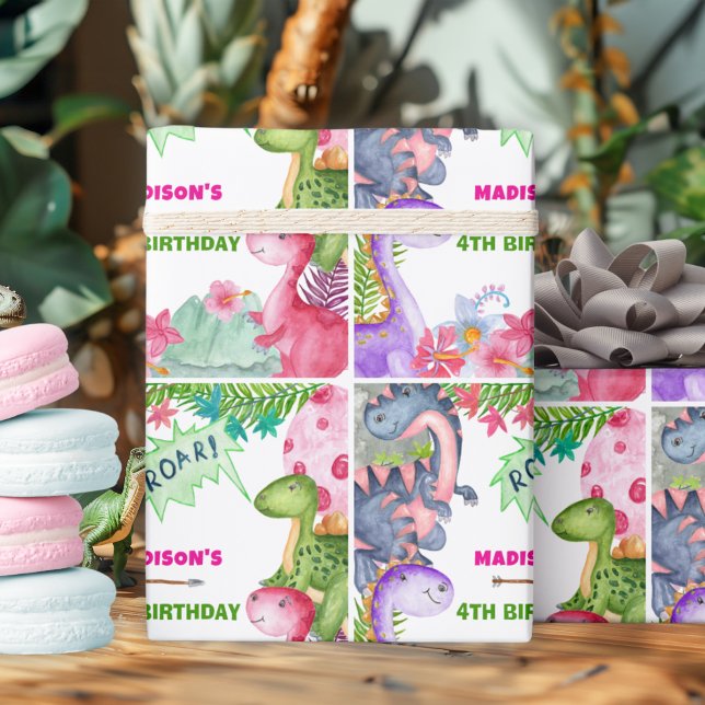 Papel De Presente Cute Girl Dinosaur 4th Birthday Party (Criador carregado)