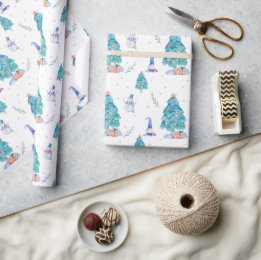 Papel De Presente Cute Gnomos Aquarela Árvore de Natal Azul Nevada