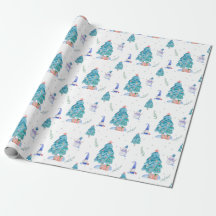 Cute Gnomos Aquarela Árvore de Natal Azul Nevada
