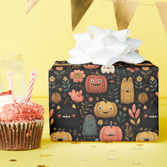 Papel De Presente Cute Halloween Monsters and Pumpkins Pattern (Festa de aniversário)