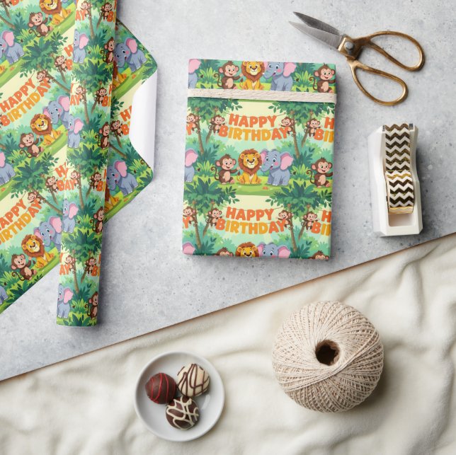 Papel De Presente Cute Happy Birthday safari theme (Artesanato)
