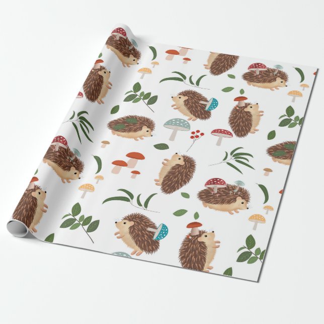 Papel De Presente Cute Hedgehog Mushrooms Woodland Forest Animal (Desenrolado)