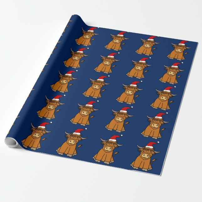 Papel De Presente Cute Highland Cow in Santa hat Christmas (Desenrolado)