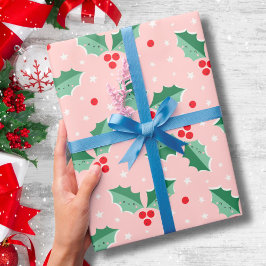Papel De Presente Cute Holly Berries Christmas pink