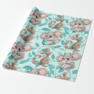 Papel De Presente Cute Koala, Kangaroo Baby Green Wrappaper