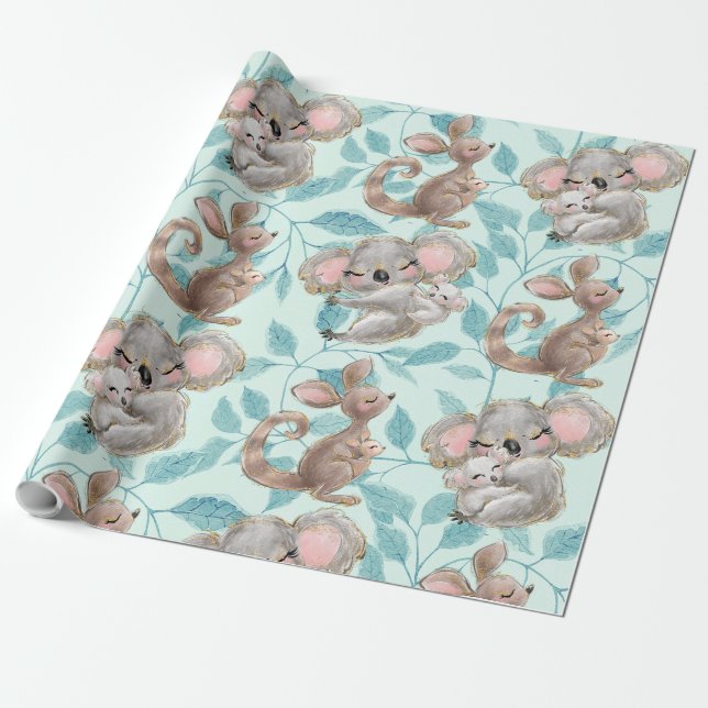 Papel De Presente Cute Koala, Kangaroo Baby Green Wrappaper (Desenrolado)