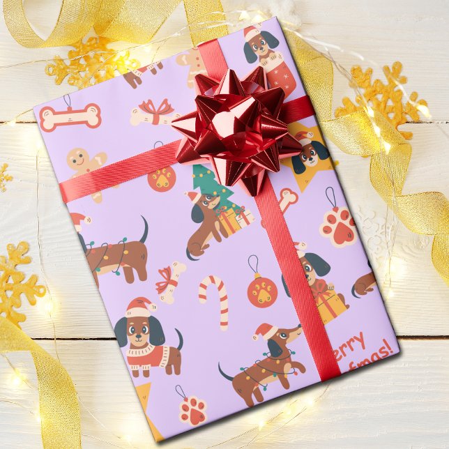 Papel De Presente Cute Lilac Christmas Dachshund Merry Woofmas (Cute festive Dachshund wrapping paper in lilac, perfect for Dachshund dog lovers and the pups too!)