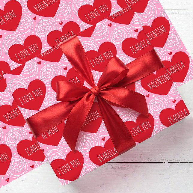 Papel De Presente Cute Love Heart Custom Text Modern Valentine's Day (Criador carregado)