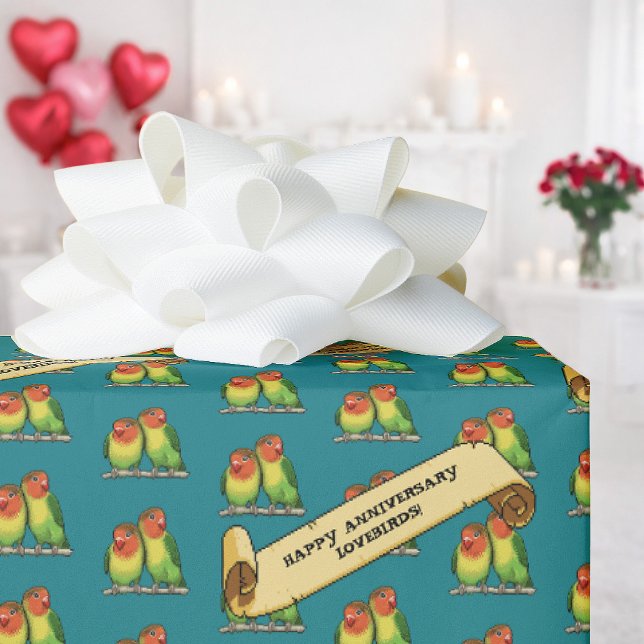Papel De Presente Cute Lovebirds Happy Anniversary Romantic Retro (Criador carregado)