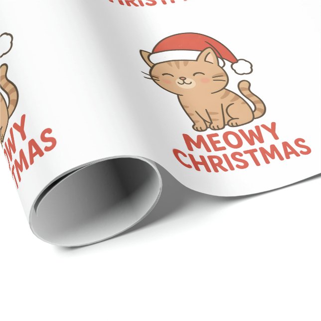 Papel De Presente Cute Meowy Christmas Cat Santa Hat (Ponta do rolo)