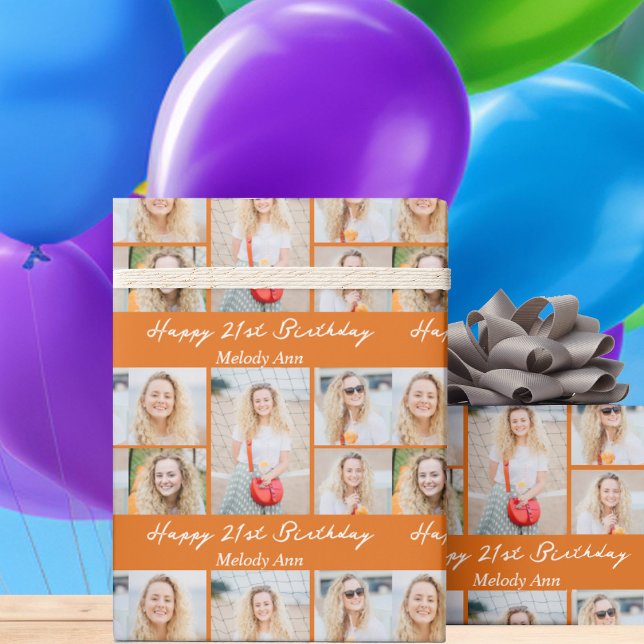 Papel De Presente Cute Orange Happy Birthday Photo Collage Custom (Criador carregado)