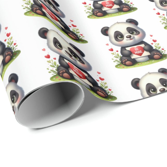 Papel De Presente Cute panda bear Valentine tiled pattern  (Ponta do rolo)